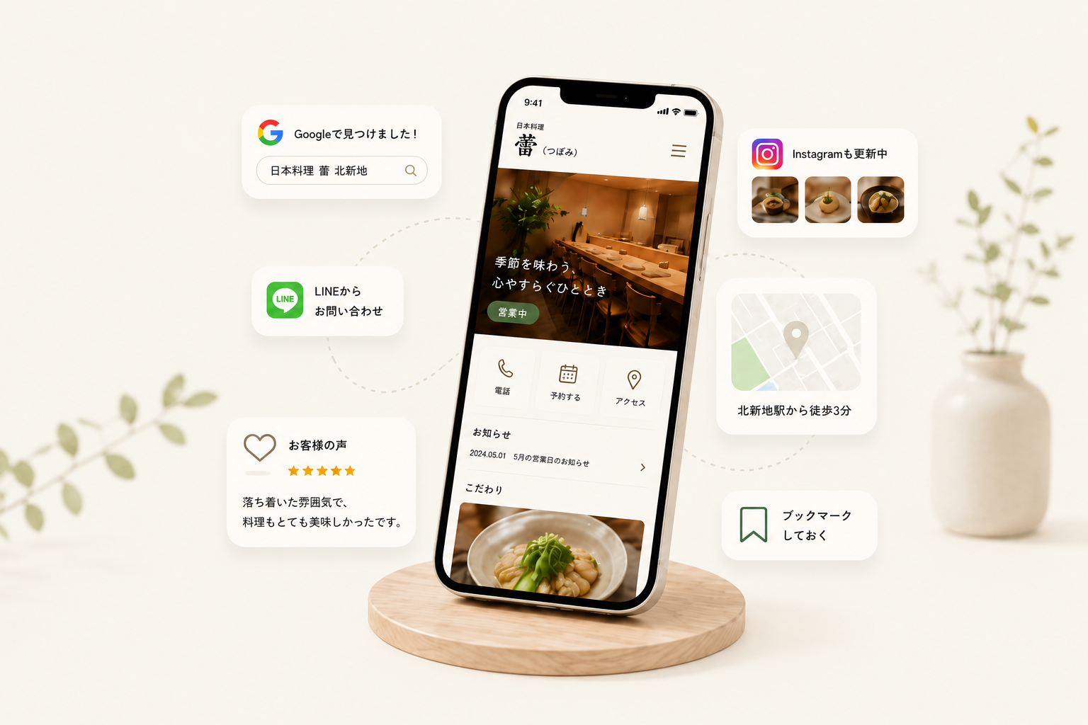 個人店のホームページイメージ：Google検索・Instagram・LINE・予約・アクセス情報